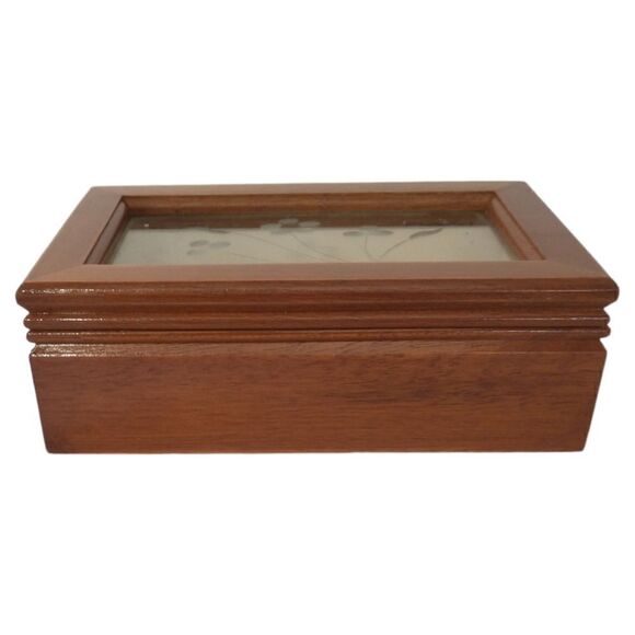 Vintage Jewelry Box Etched Glass Top Wood Tab Velvet Lined 80s 90s Hinge Dresser - Picture 8 of 16